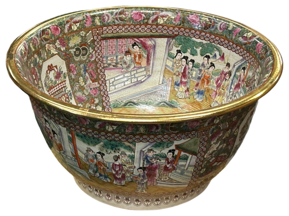 Vintage Chinese Famille Rose People House Graphic Porcelain Bowl Pot Hws4342