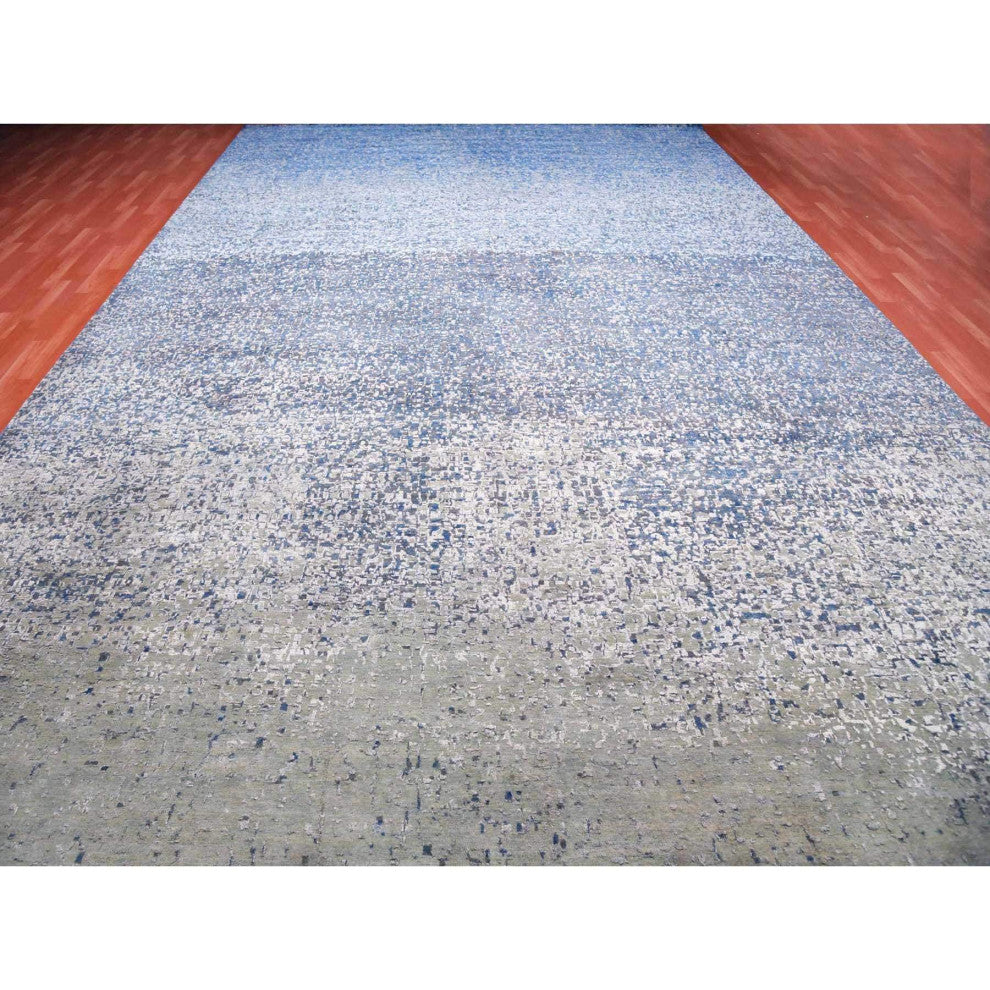 Denim Blue, Modern, Hand Knotted Pure Silk and Wool Oversized Rug, 12'0"x18'0"
