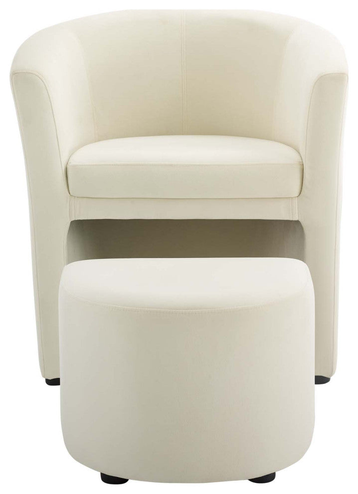Lounge Lobby Armchair Accent Chair and Ottoman, Velvet Fabric, Ivory White