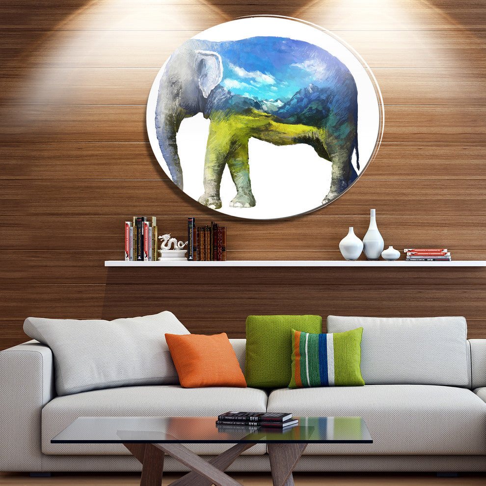 Elephant Double Exposure Illustration, Animal Disc Metal Wall Art, 11"