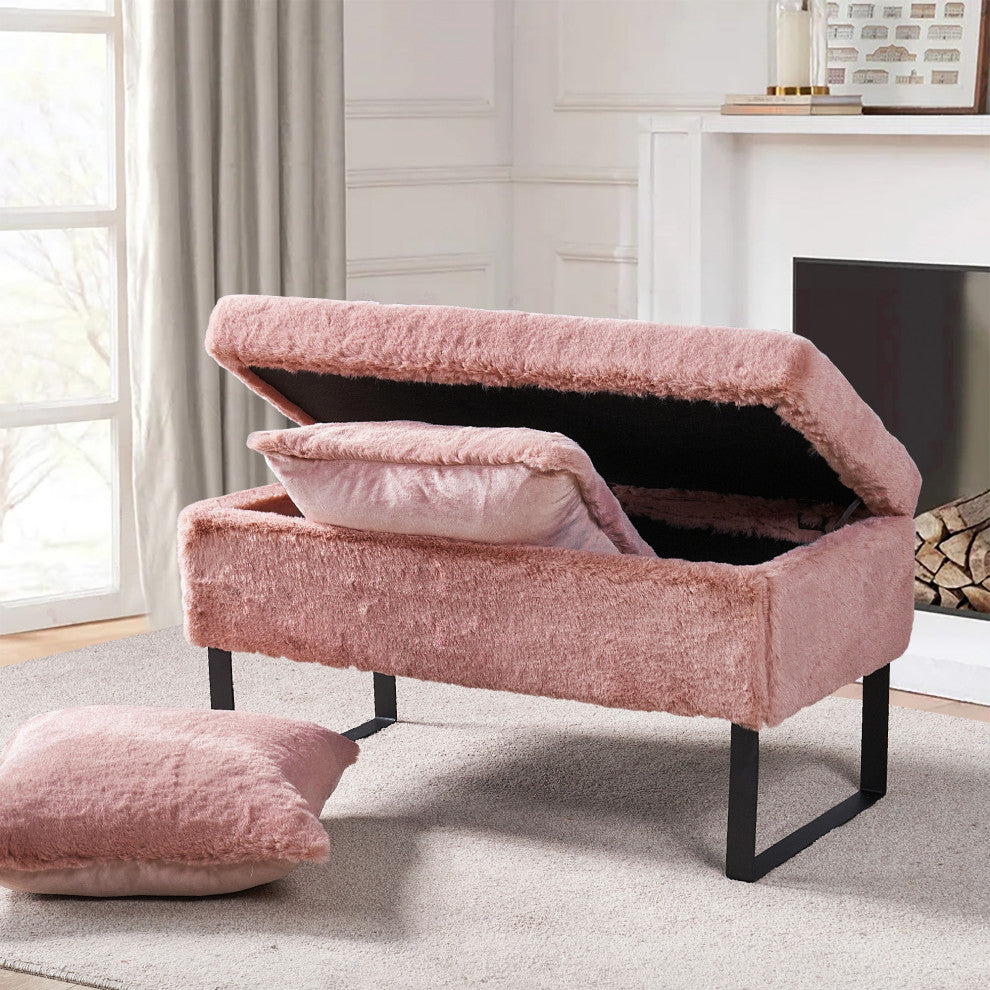 Heavy Faux Fur Storage Rose Smoke Ottoman 18" x 36" x 10"