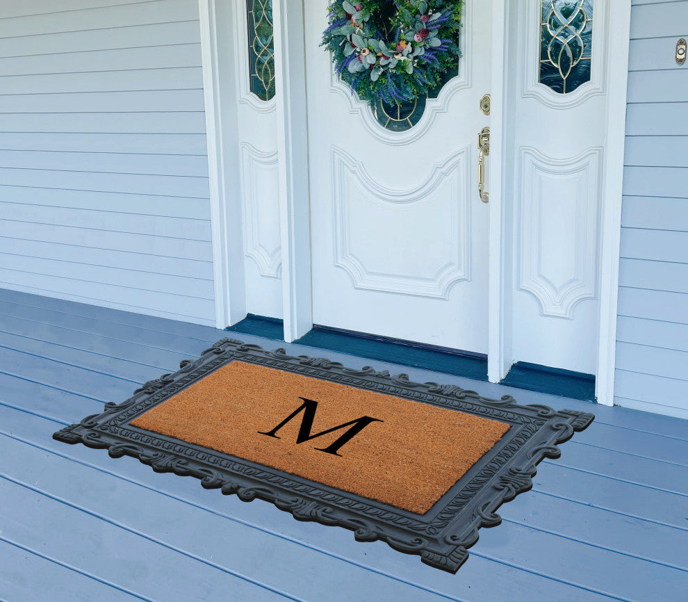 Carson Black/Beige Rubber And Coir 24"x36", Monogrammed Doormat, M