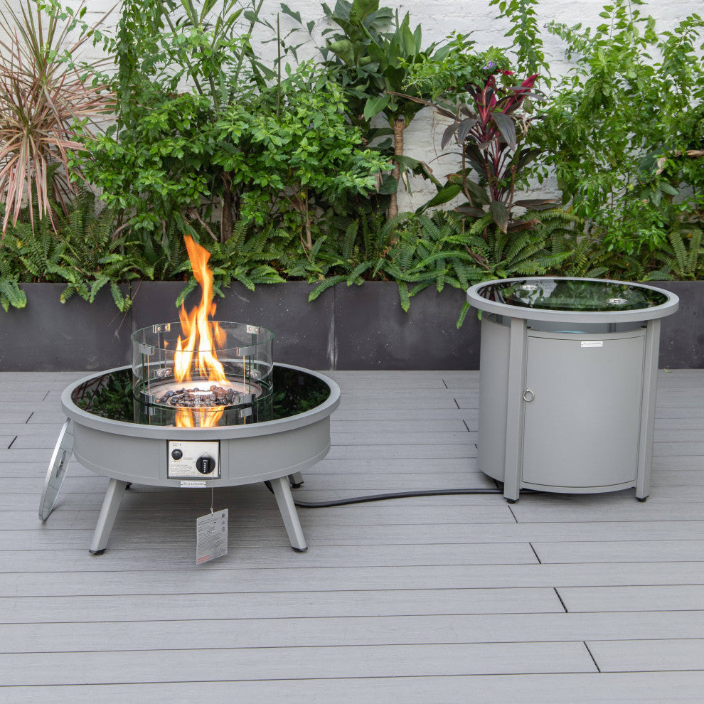 LeisureMod Walbrooke Grey Patio Sofa Set With Round Fire Pit Table, Navy Blue