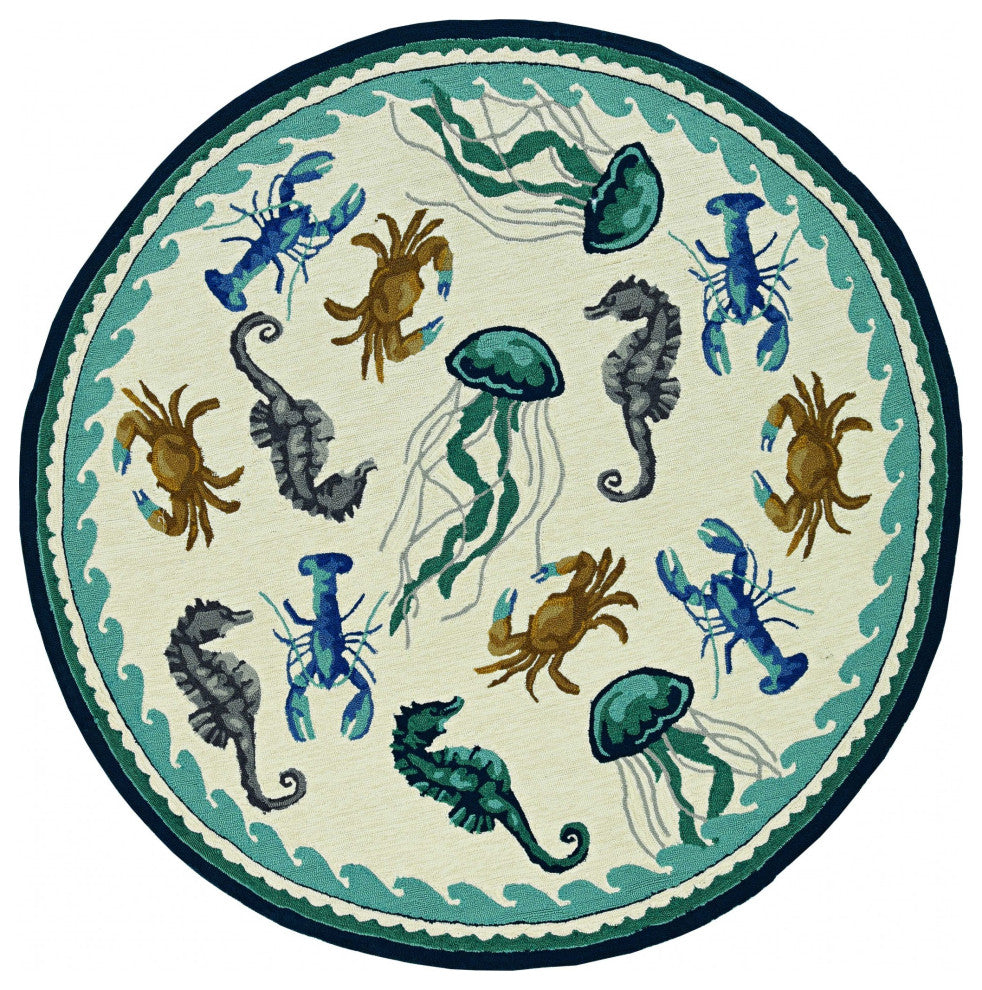 5' X 7' Ivory Or Teal Sea Creatures Indoor Outdoor Area Rug