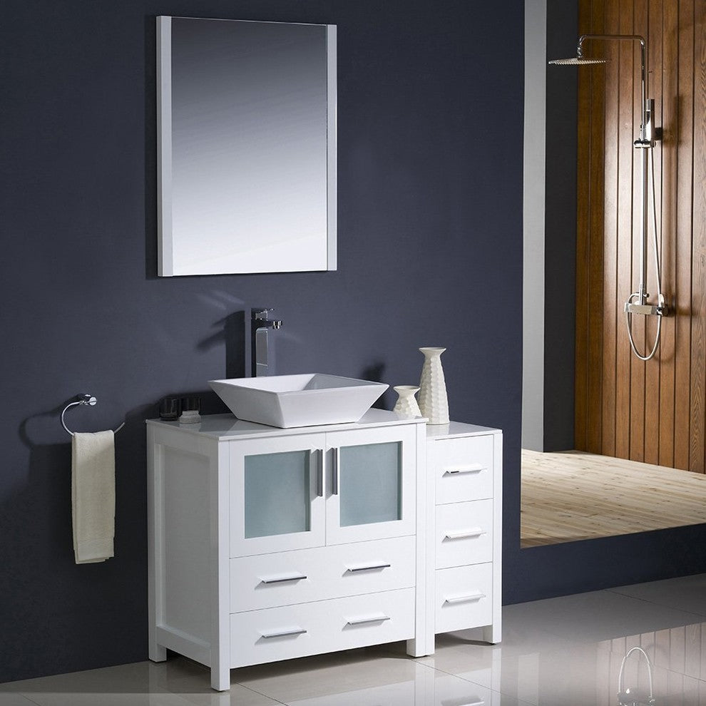 Torino 42" White Modern Bathroom Vanity With Side Cabinet, FFT9162CH