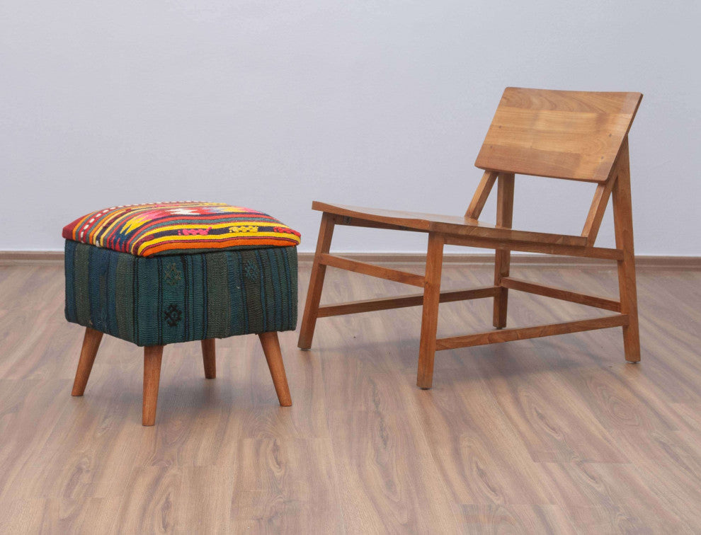 Unique Stool Upholstered with Handwoven Kilim 16"x16"x18"