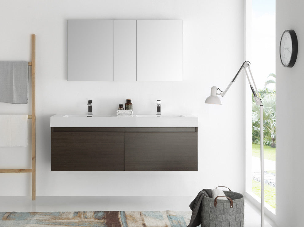 Mezzo 60" Gray Oak Wall Hung Double Sink Modern Bathroom Vanity, FFT1041BN