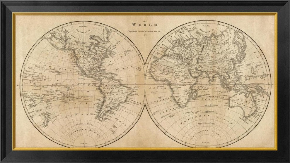 "The World, 1825" Framed Canvas Giclee by Mathew Carey, 40x23"