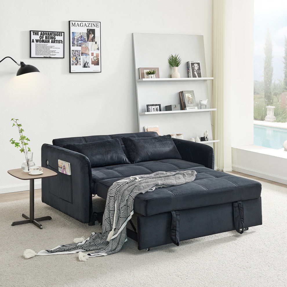 TATEUS 55.5" Twins Pull Out Sofa Bed Velvet  for Small Room Black