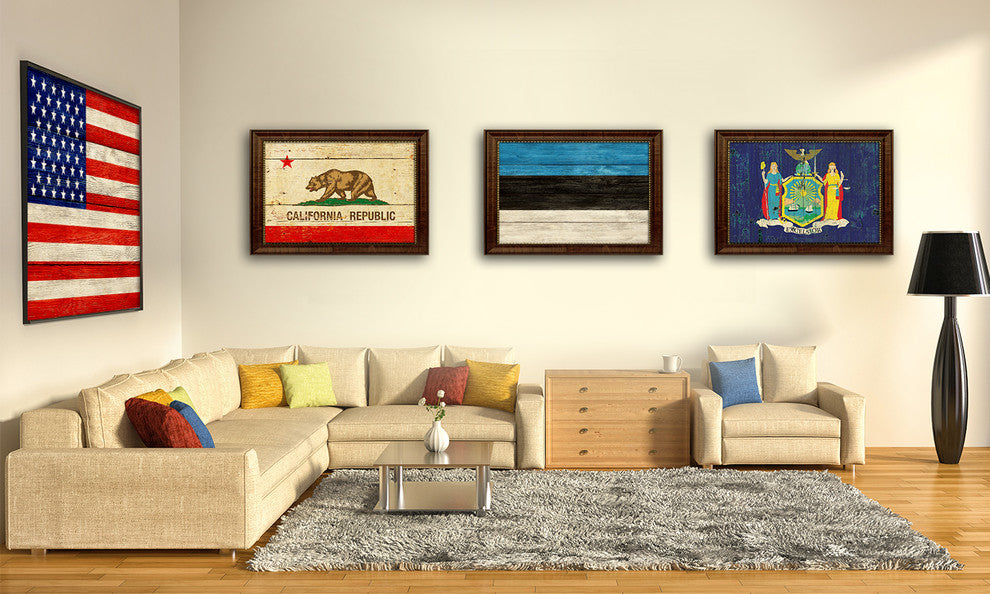 Estonia Country Textured Flag Print With Brown Gold Frame, 19"X27"