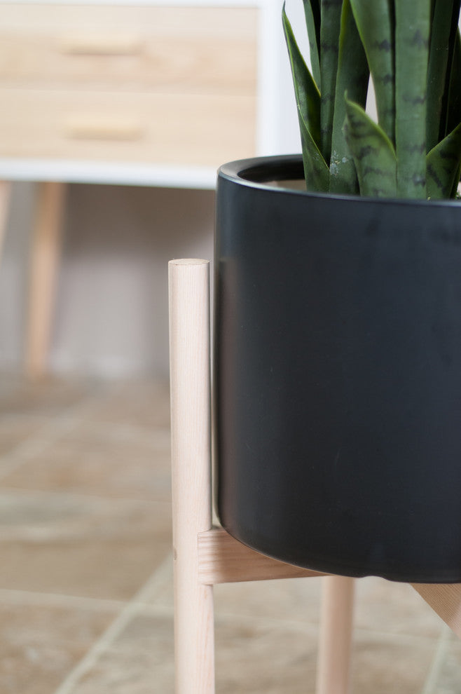 Large Ceramic Cylinder Pot 10" Black With Wood Plant Stand Natural Color