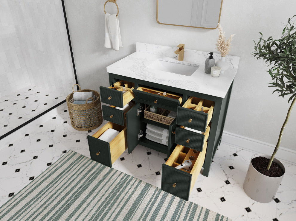 Sonoma 42 Single Sink Reeded Bath Vanity in Dark Forest Green 1.5" White Quartz