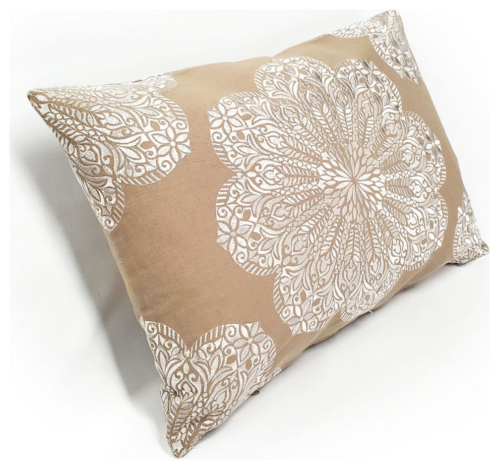 Mancini Medallion Embroidered 16x24 Throw Pillow, Coffee and Cream