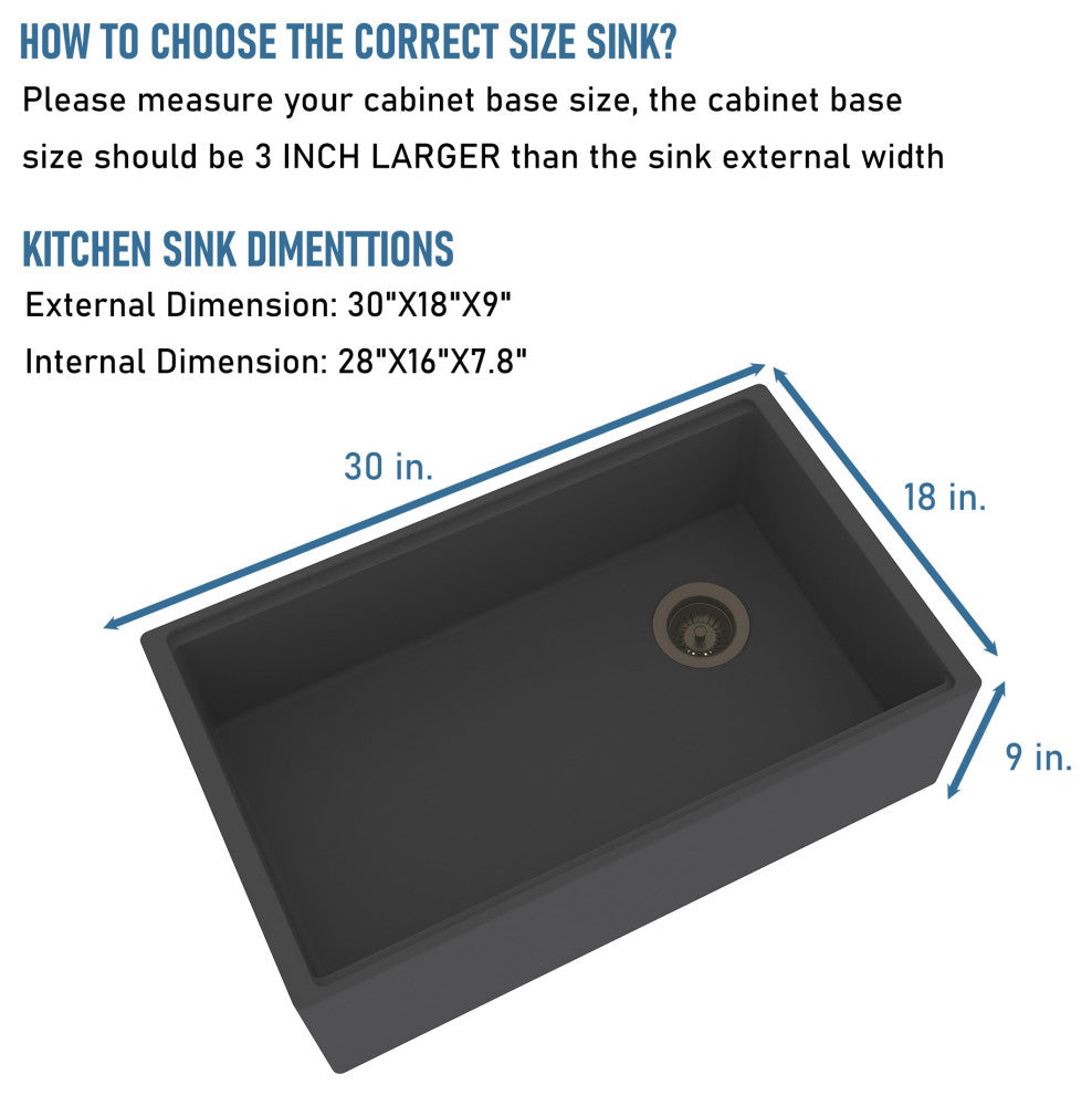 30in Single Bowl Farmhouse Apron Kitchen Sink, Black Earth