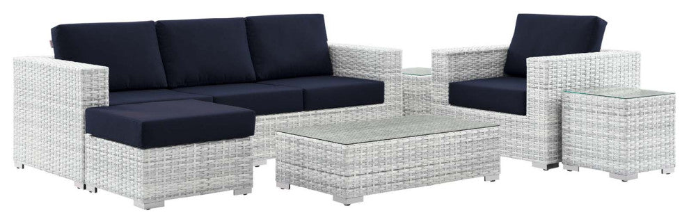 Lounge Sectional Sofa Chair Set, Rattan, Wicker, Gray Blue Navy, Outdoor