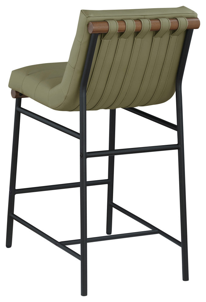 Burke Counter Stool, Green, Vegan Leather, Walnut Veneer Metal Dowel