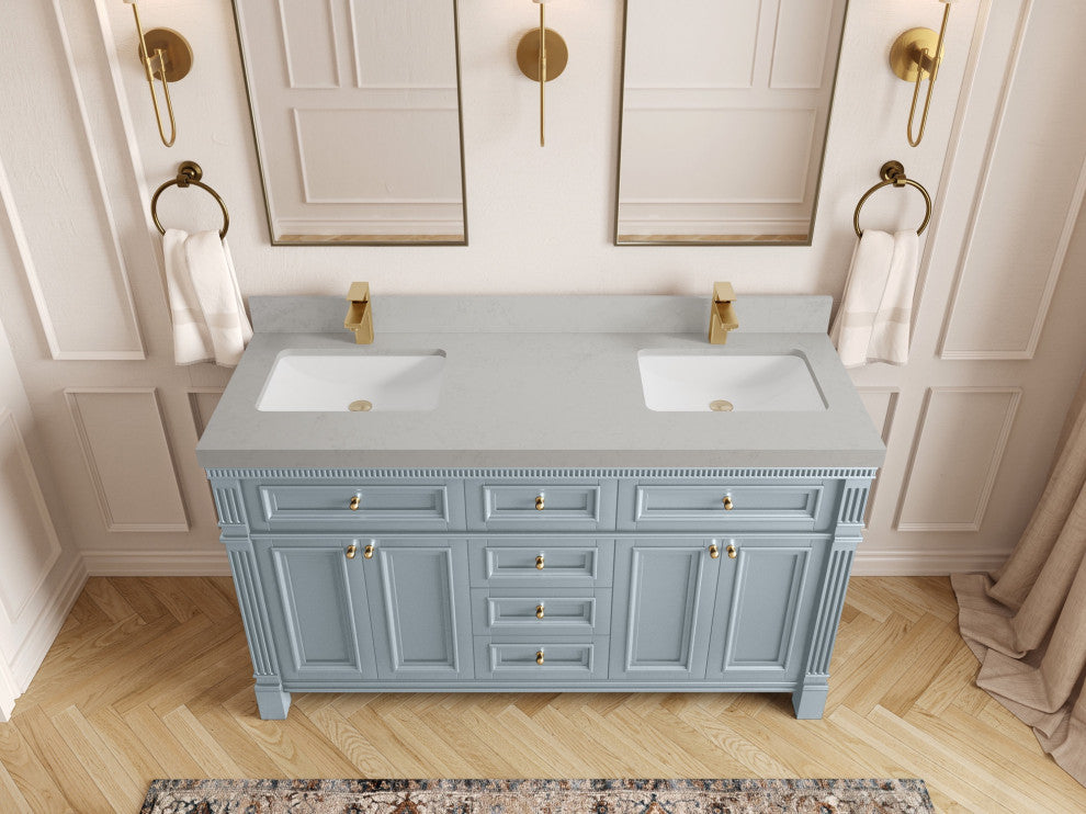 Paris 60" Double Sink Bathroom Vanity, Blue Heather 2" Carrara Quartz