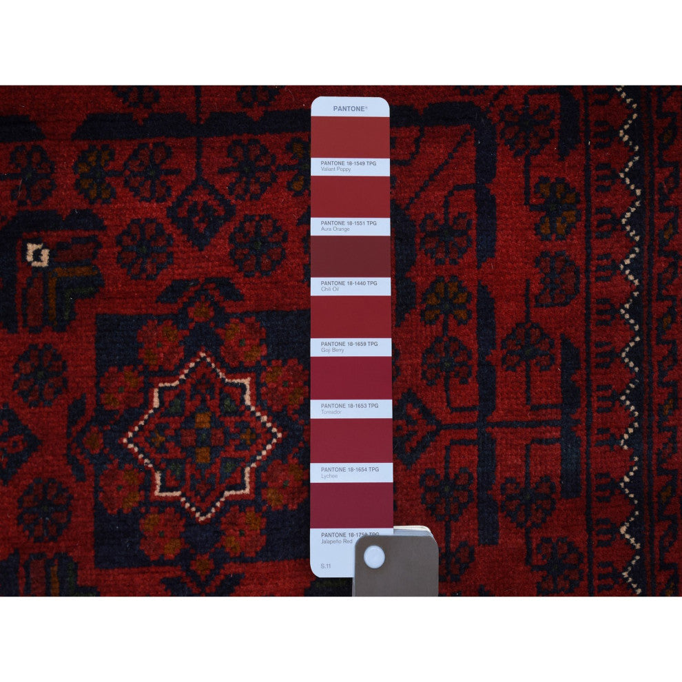 Red Tribal Design Hand Knotted Afghan Khamyab Soft Wool Runner Rug, 2'10"x9'4"