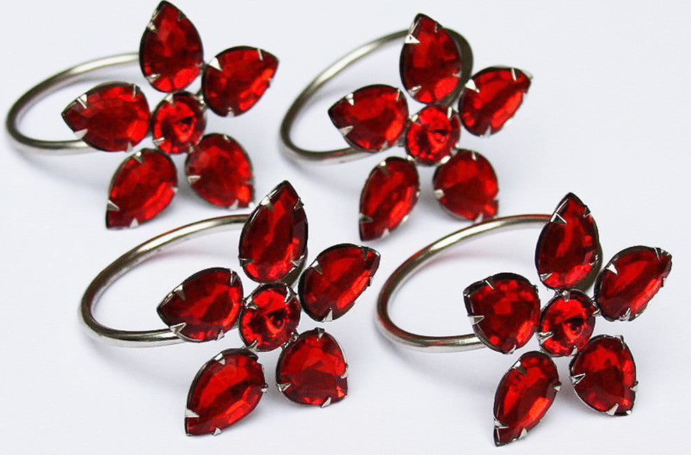 Crystal Flower Metal Napkin Rings, Red, Set of 4