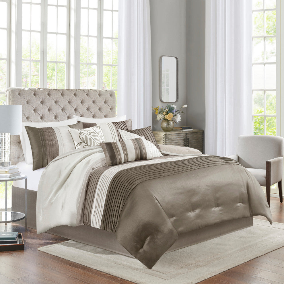 Madison Park Polyoni-Pieced And Pleated 7-Piece Comforter Set, Khaki