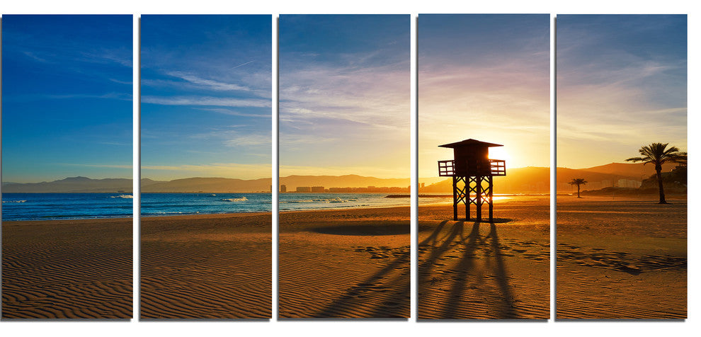 "Colorful Sunset in Valencia" Modern Beach Canvas Art Print, 5 Panels, 60"x28"