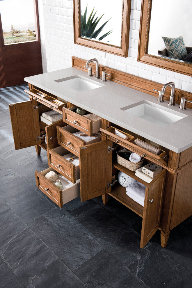 Brittany 72" Saddle Brown Double Vanity, Eternal Serena Quartz Top