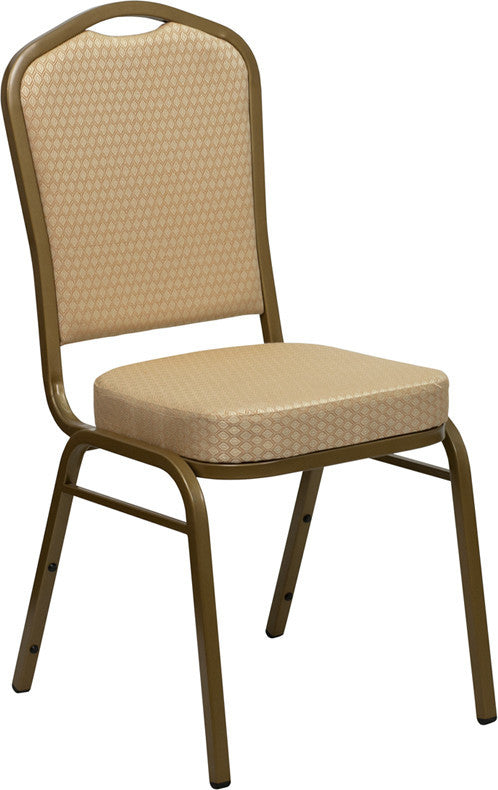 Crown Back Stacking Banquet Chair in Beige Patterned Fabric-Gold Frame