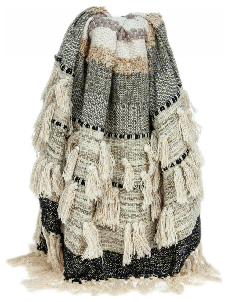 Multicolored Textured Boho Woven Handloom Throw With Tassels