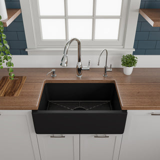30" Black Matte Reversible Smooth/Fluted Single Bowl Fireclay Farm Sink