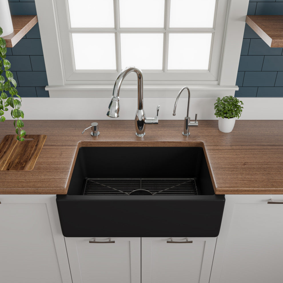 30" Black Matte Reversible Smooth/Fluted Single Bowl Fireclay Farm Sink
