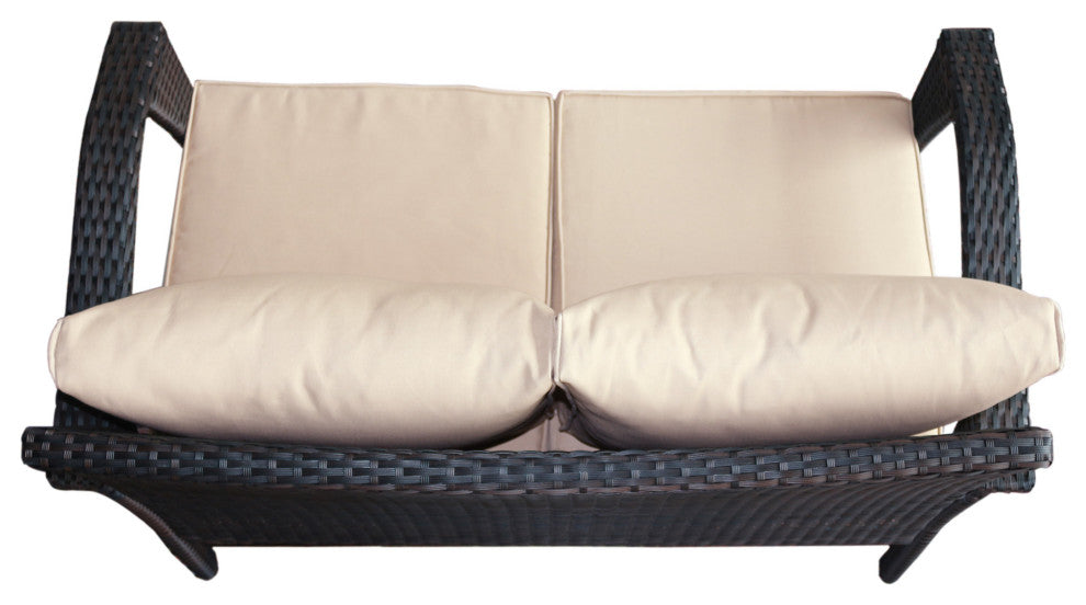 GDF Studio Hilary Outdoor Brown Wicker Loveseat With Water Resistant Cushions, Brown/Tan