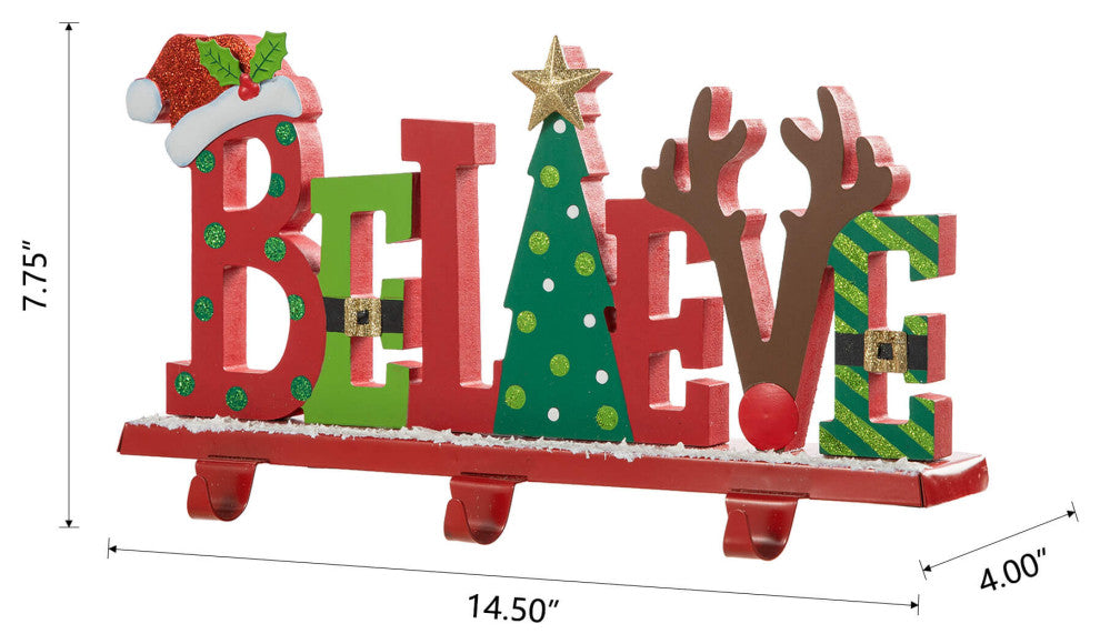 14.5"L Wooden/Metal "BELIEVE" Christmas Stocking Holder