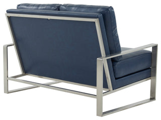 LeisureMod Jefferson Modern Faux Leather Loveseat With Silver Frame, Navy Blue