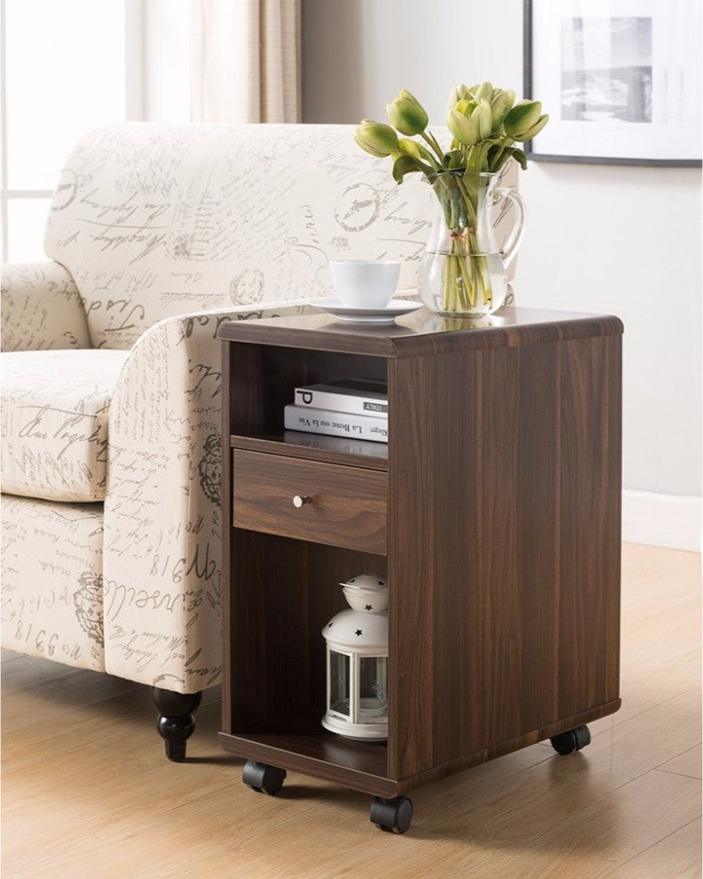 Wooden Chairside Table With Castors, Brown
