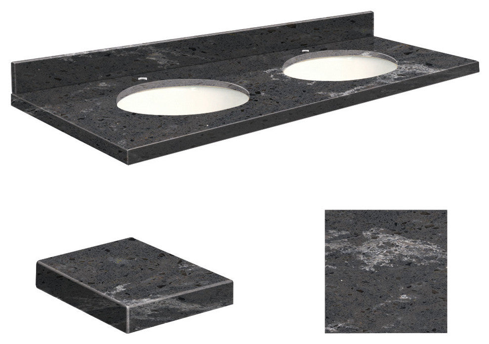 Quartz 61"x22" Double Sink Vanity Top, Single Faucet Hole, Milky Way, White Bowl