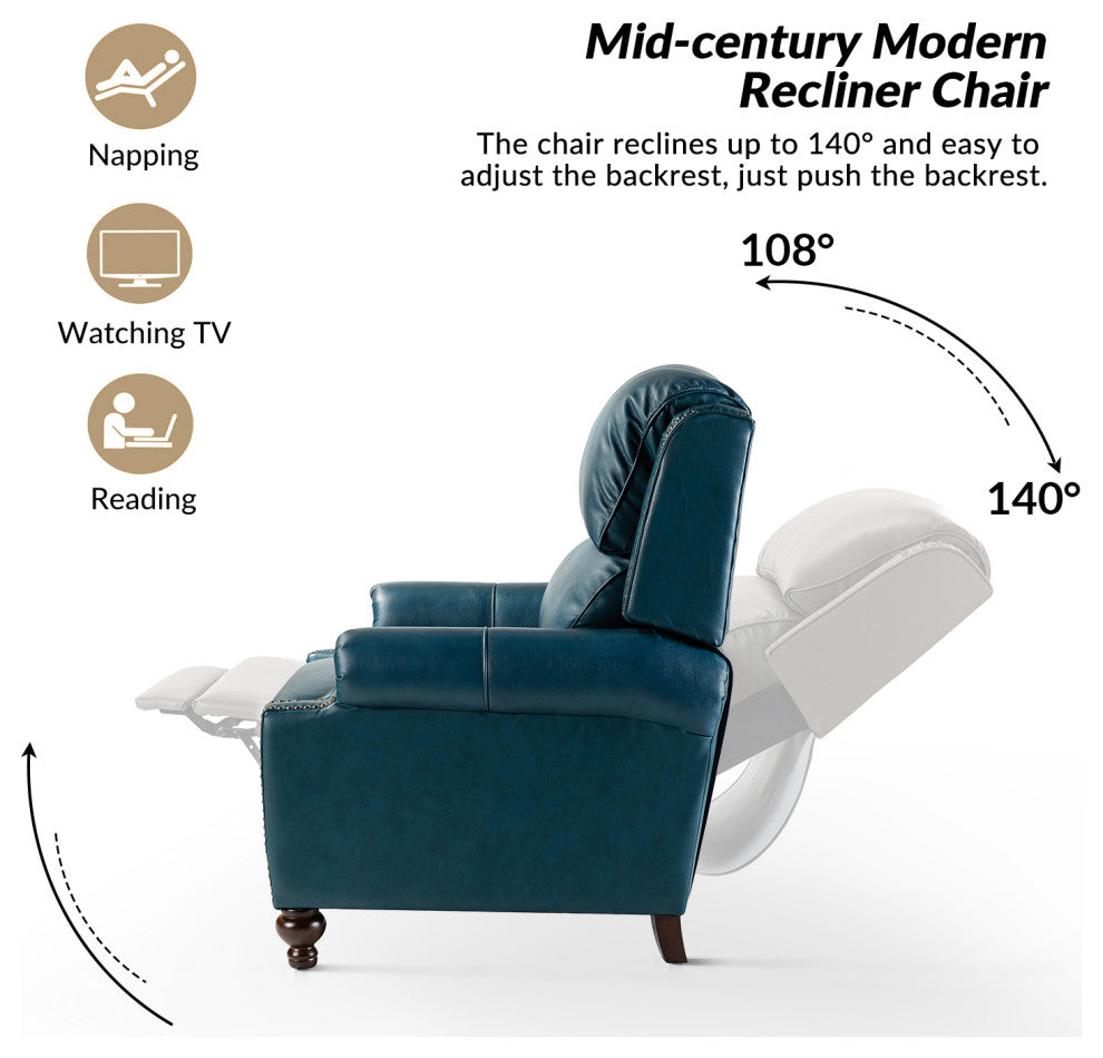 Genuine Leather Cigar Recliner With Nail Head Trim, Turquoise