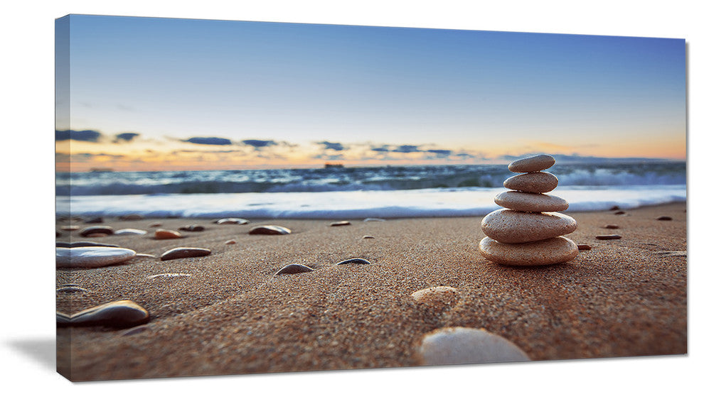 Stones Balance on Sandy Beach, Seashore Canvas Art Print, 32"x16"