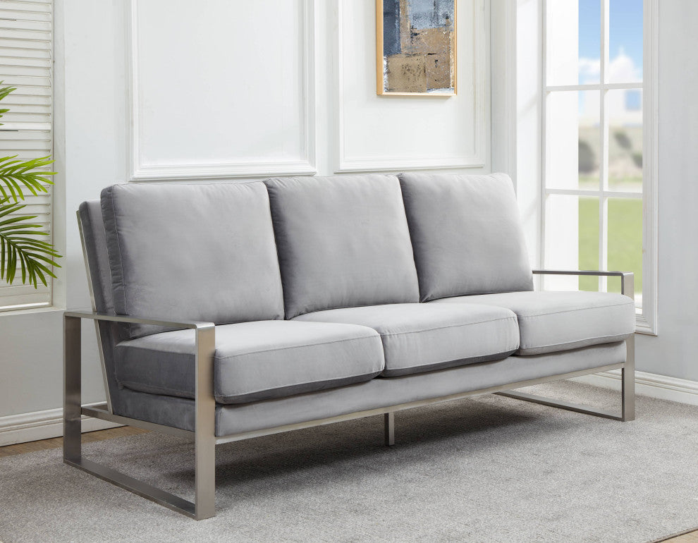 LeisureMod Jefferson Modern Design Velvet Sofa With Silver Frame, Light Gray