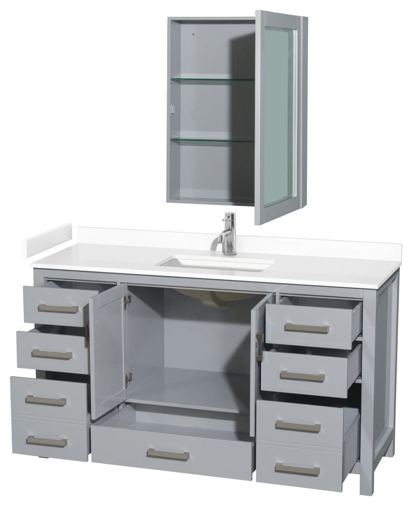 60"SGL Bathroom Vanity Gray, White Cult. Marble Countertop, Sink, Med. Cabinet