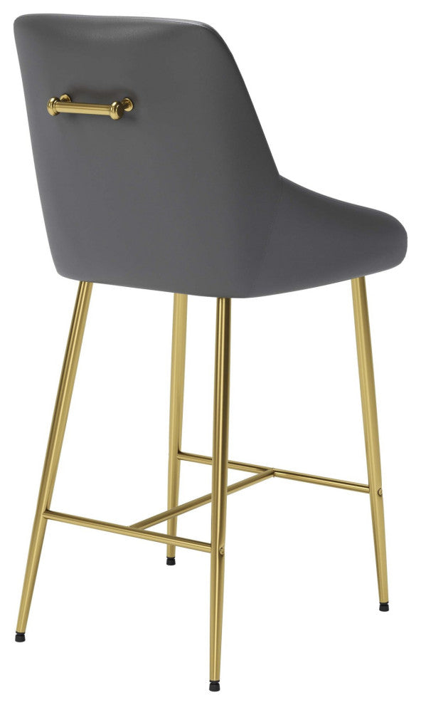 Counter Stool Chair, Faux Vinyl Leather, Steel, Gray, Gold, Cafe Bistro