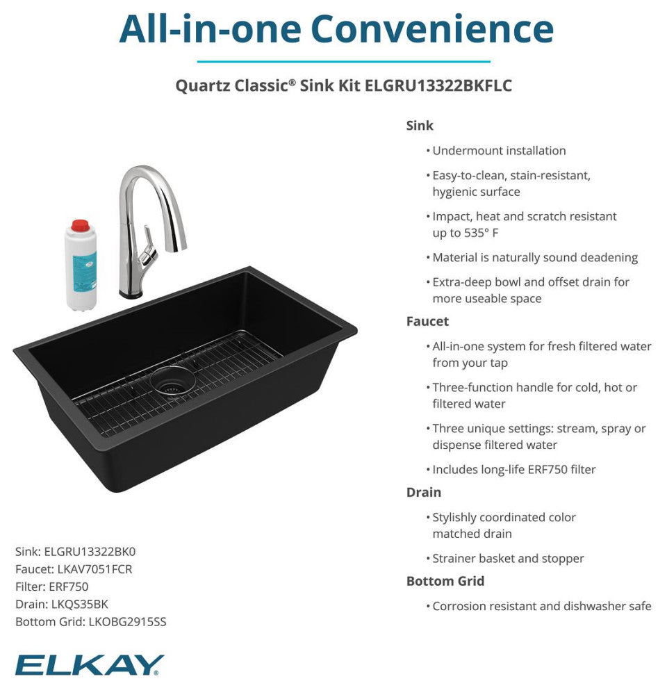 Quartz Classic 33" Single Bowl Undermount Sink Kit With Filtered Faucet, Black