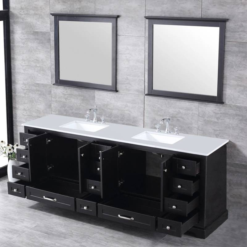 Dukes 84" Espresso Double Square Sink Vanity with Quartz Top, With Mirror