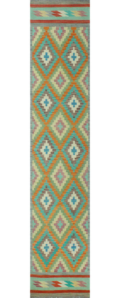 Sangat Kilim Brayden Rust/Turquoise Runner, 2'7x12'10