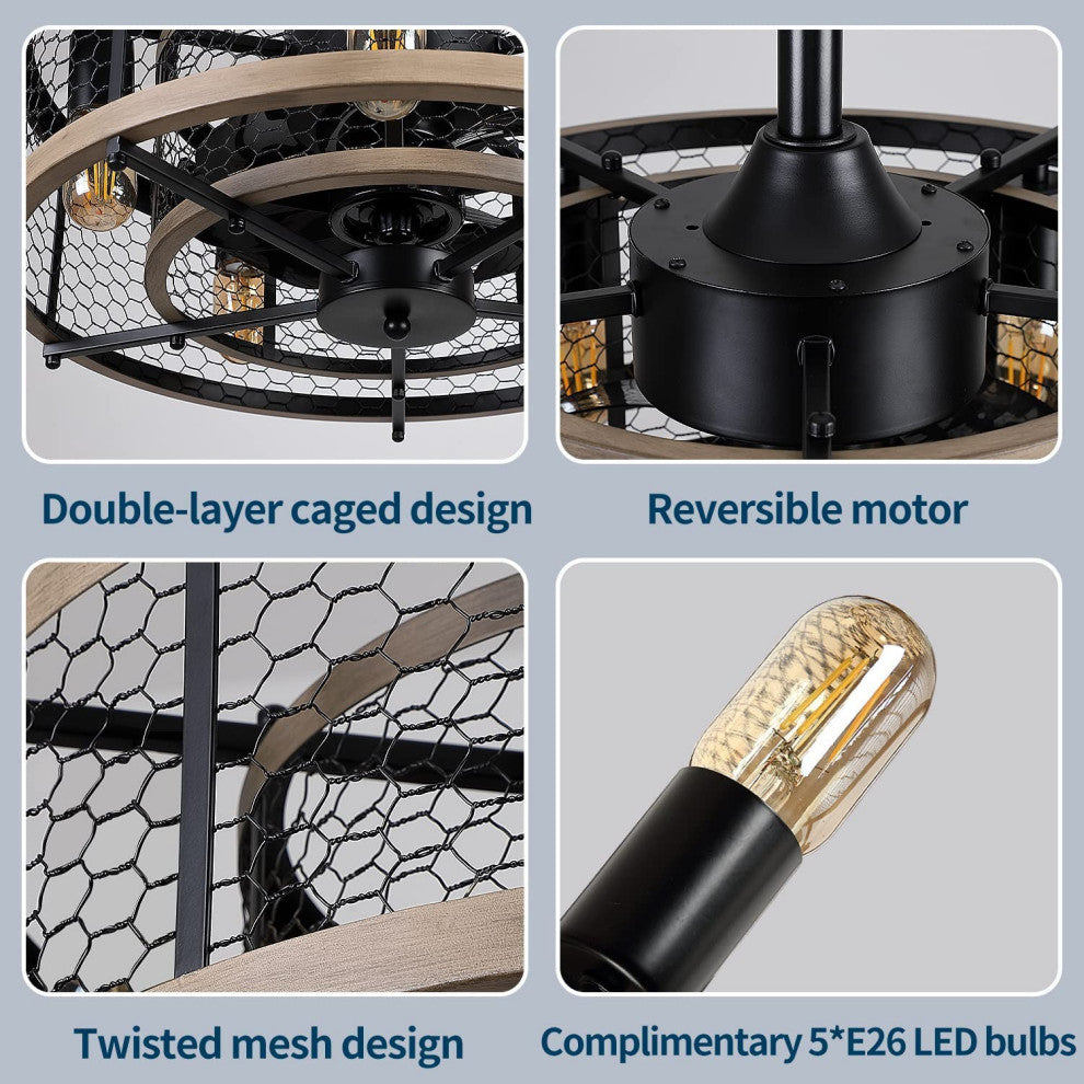 5 Light Cage Ceiling Fan With Light Remote Contral Farmhouse Ceiling Fan Lamp