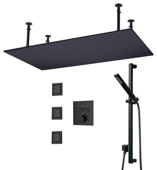Venosa 20"x40" Matte Black Rainfall Shower System, 3 Jetted Body Spray, LED