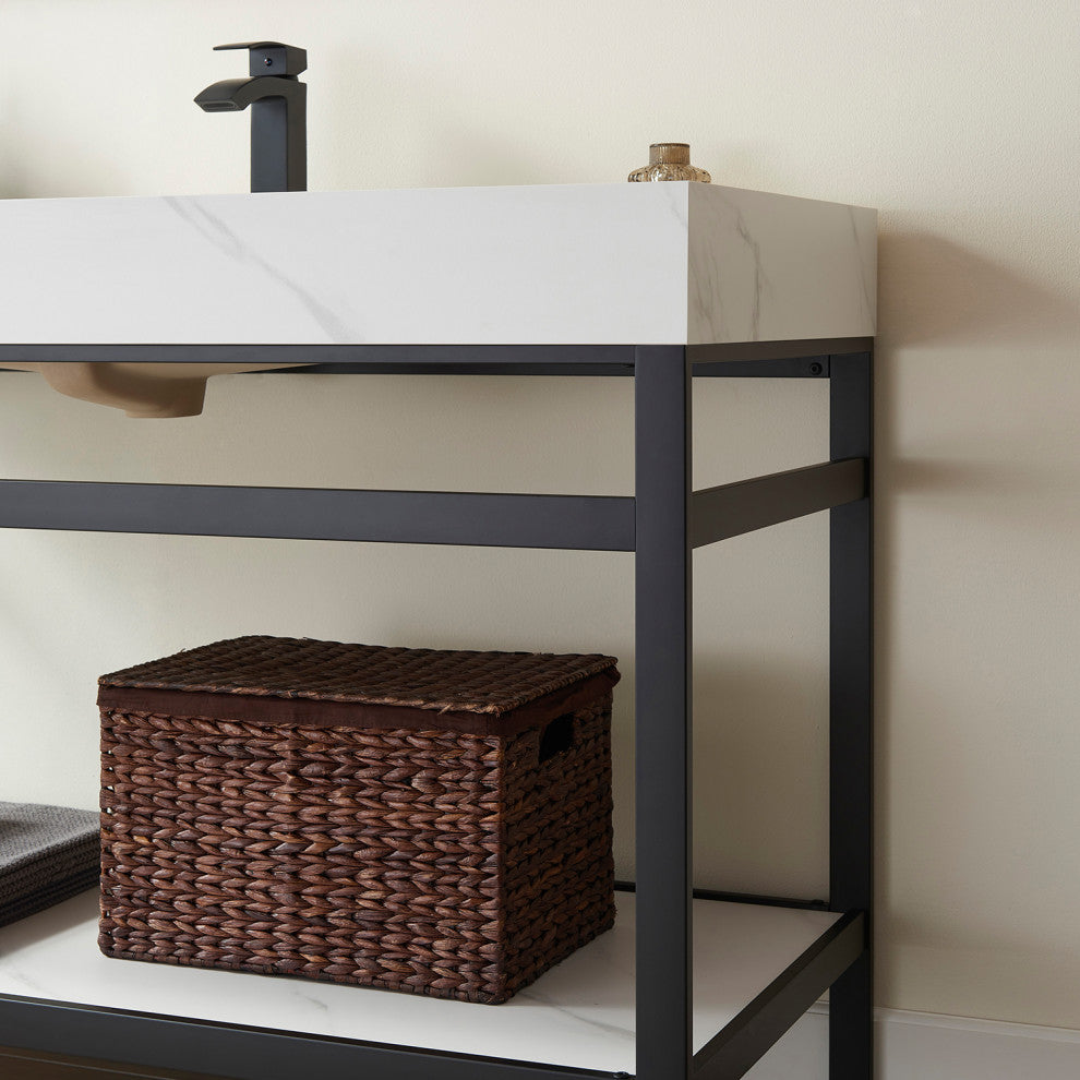 Funes Bath Vanity without Mirror, Matte Black Hardware, 48'', White Stone Top