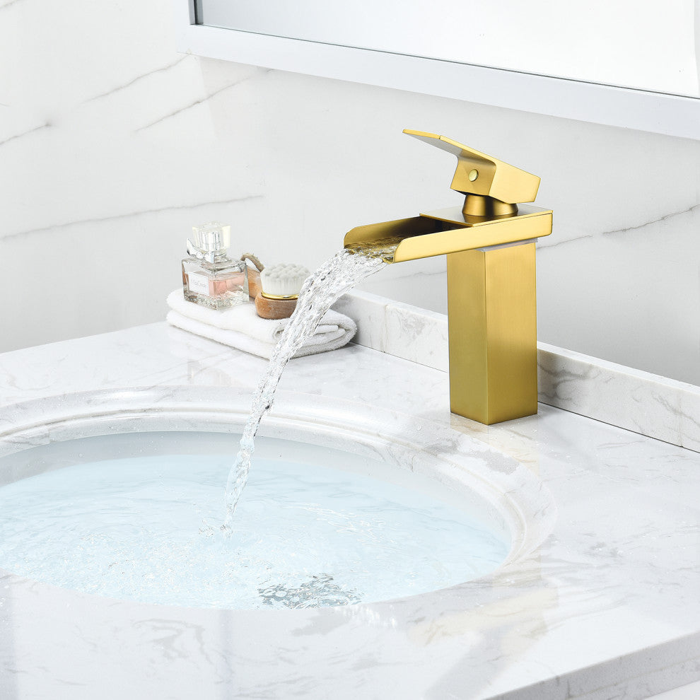 Sassor Single Hole Single-Handle Waterfall Bathroom Faucet, Brushed Gold