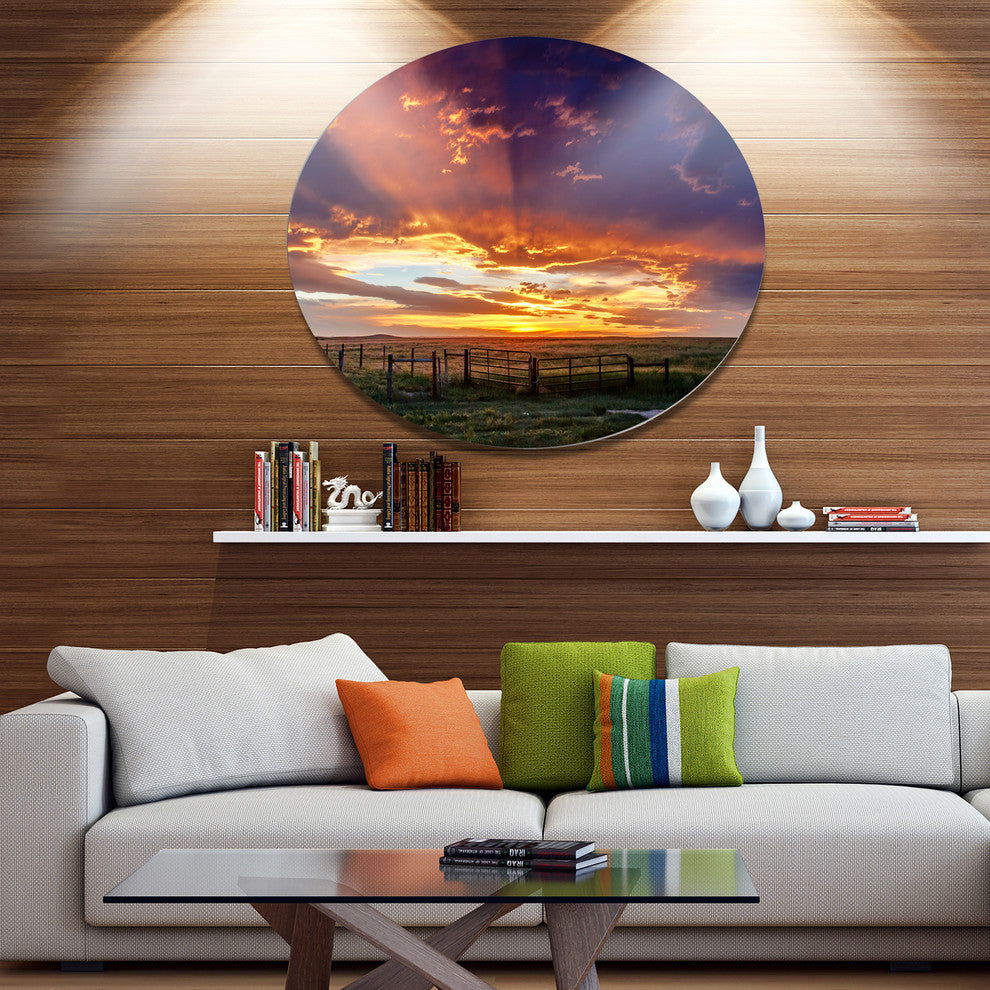 Dramatic Sunset Over Prairie, Landscape Round Metal Wall Art, 23"