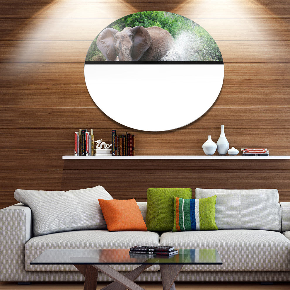 Elephant Spraying Water, African Large Disc Metal Wall Art, 23"