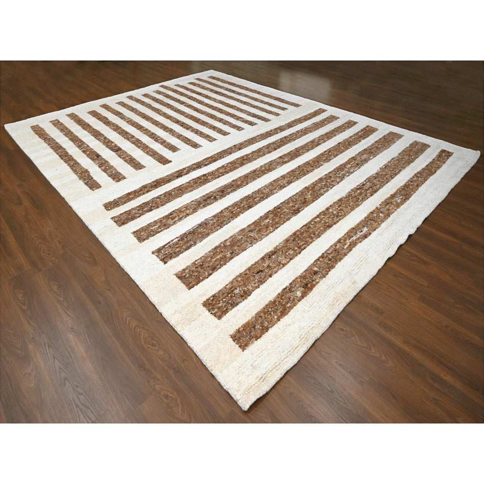 Brown Wool Minimalist Stripe Design Hand Knotted Oversized Rug 12'2"x14'10"